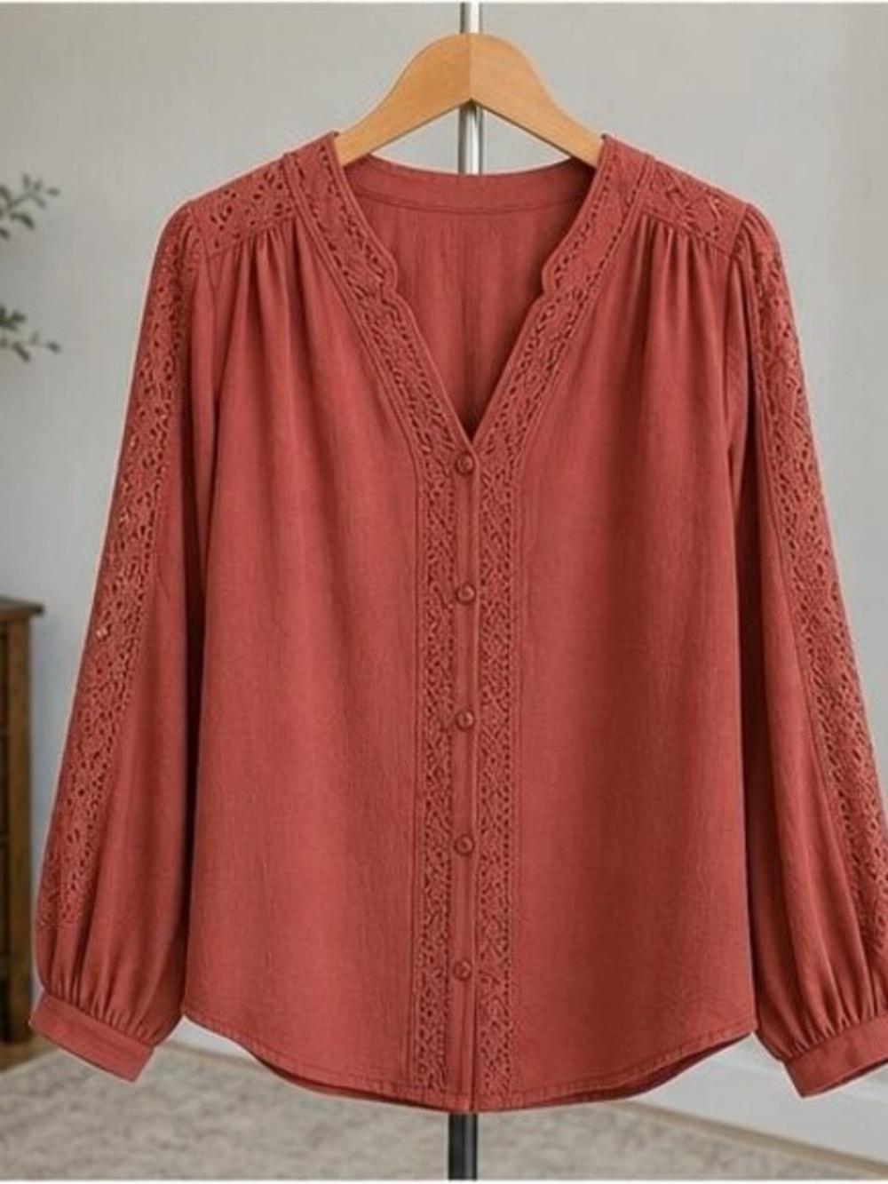Women's Crochet-Trim Button Front Top - Rust